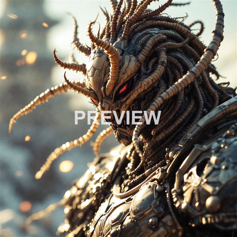 A highly detailed, metallic, robotic creature with a menacing appearance, featuring numerous tentacle-like appendages on its head and glowing red eyes, set against a blurred background with warm lighting.